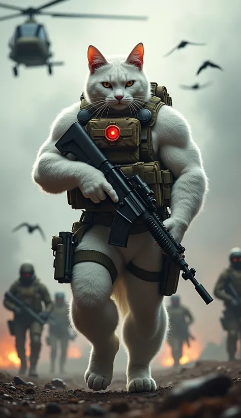 A muscular anthropomorphic white cat, standing upright, wearing full military tactical gear. The cat is wearing a bulletproof vest with various pouches, carrying a large rifle. The cat has a red targeting laser glowing from its chest. In the background, se...