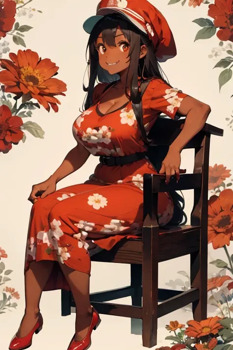 1 female, tan skin, brown skin, huge breast, black 50s long hair, red long vintage dress, 50s dress, red 50s hat, red nails, red shoe, 50s place wallpaper, smile, sitting down, in the 50s chair, flowers