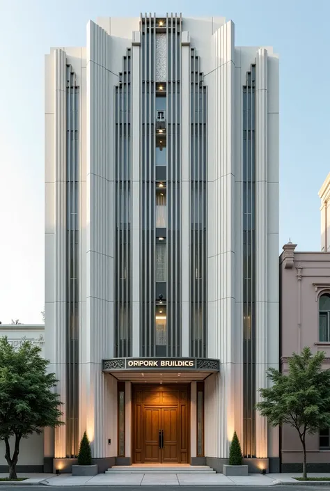 Complete facade of a simple art deco style building 