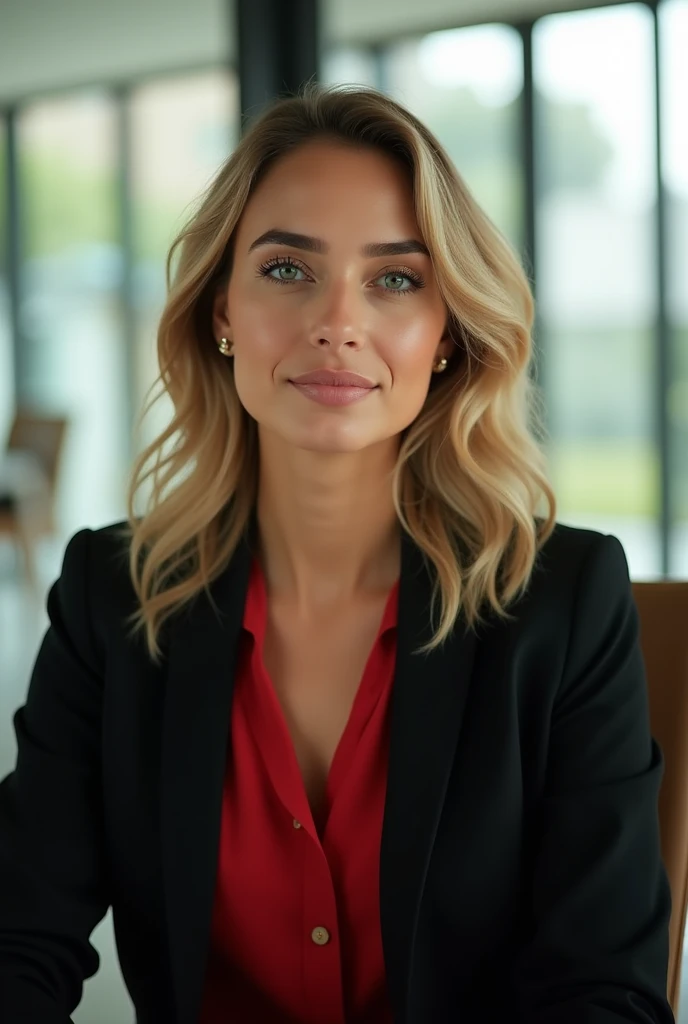 a 4 white Brazilian woman, blonde hair, slightly wavy, green eyes, a slight smile, black blazer, red shirt, nude lipstick, delicate earrings, is sitting in an office with windows and lots of light