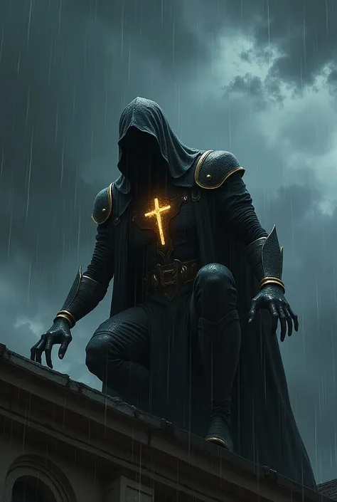 Depict Father Solomon in a powerful crouching pose atop a church rooftop at night, with heavy rain pouring down around him. His mystical suit is dark, with gold accents glowing faintly through the shadows. His posture is tense yet controlled, ready to leap...