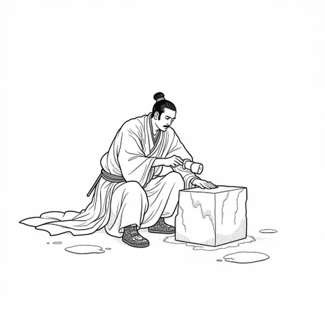 An ancient Song Dynasty stonemason in black and white line style，A hand holding a hammer，A black and white line style image of a hand holding a chisel carving a piece of stone，Stonemason in his 30s，Wearing a hairpin，Wearing Song Dynasty robes，On her feet s...