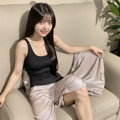 A 1 woman in a tank top sitting on a sofa,Full Body Shot,Smiling at me,Long Hair