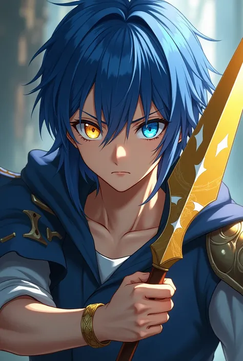 <xml><input>human,MASCULINE,transparent eyes,blue hair,one eye each of blue and yellow,heterochromia,golden spear with white in hand,serious face,age 19 years,Teenager,medieval anime style,black coat.