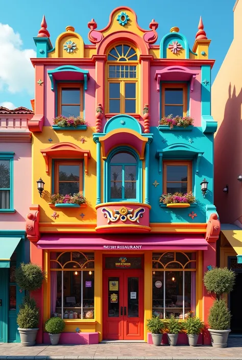 Make a colorful restaurant facade, with bright colors and that cause allergies