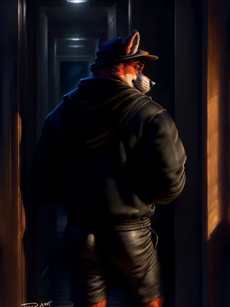 by personalami, by place, by kenket, by taran violinist, male, alone, antro (fox), (fnaf), (sly), Adult, Photorealistic, Hyper realistic, ultra-detailed, natural pose, (muscular, burly), (( run)), ((safety short hoodie:1.2)), (furry), ((butt view)), (detai...