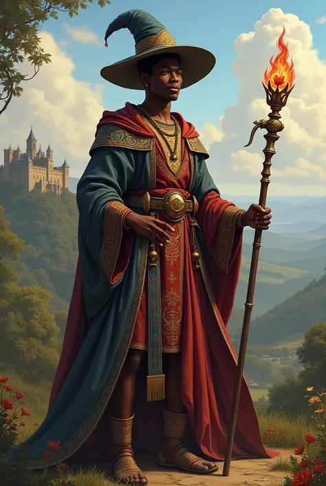 African young male that dress like a wizard in the renaissance