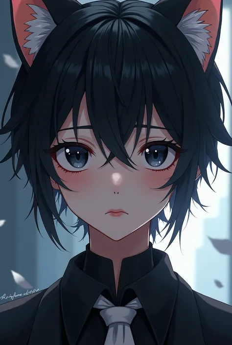 Anime cat boy black hair and black eyes 