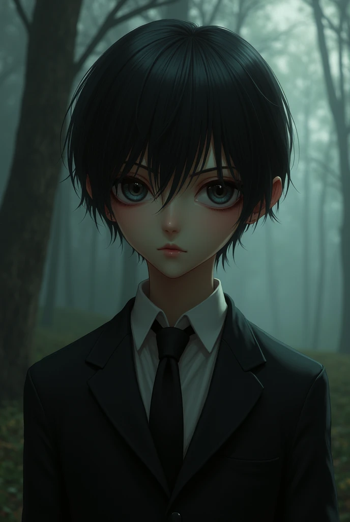 Handsome young man, slender, white tea, big eyes straight dark hair, sinister look