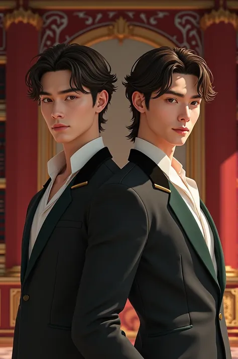 2 young man, heir to the throne. Prominent Asian features with slight European admixtures, honey colored eyes, light brown hair and toned body