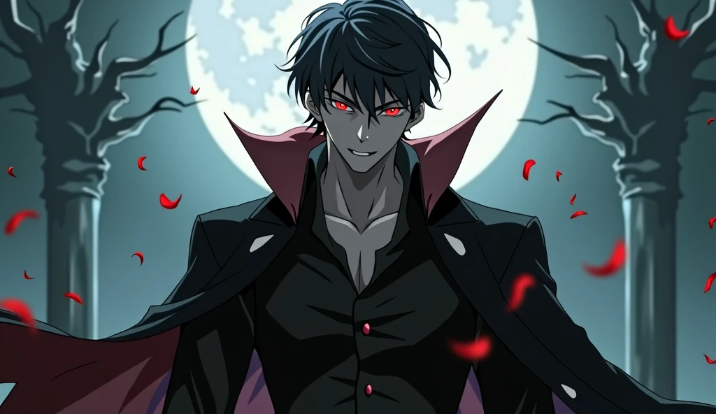 vampire, man, strong, black clothes, hair, red eyes, anime, fangs, 