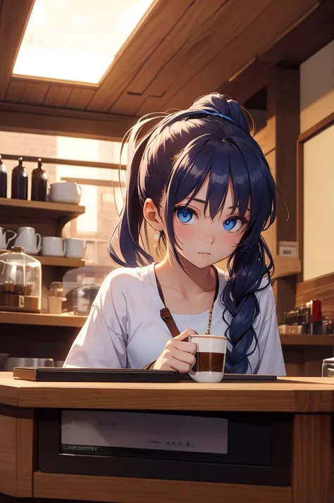 8K HD Masterpiece, sixteen years old, beautiful girl, blue eyes, long hair, tied in a ponytail, in a coffee shop. There is nothing on the desktop.