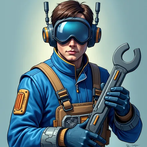 A male Miraluka from the Star Wars universe, At 40 years old, wearing blue futuristic mechanic overalls, with technological matte blue visor over the eyes, short brown hair, holding a wrench in one hand and a blaster in the other