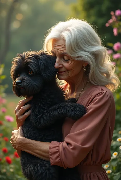 Loving, old, furry dog with a long mustache, long hairy ears, small black maltese breed, with very curly fur and black in a beautiful garden. pretending that the dog died but is always remembered with love and an elderly lady with very blond hair hugging h...