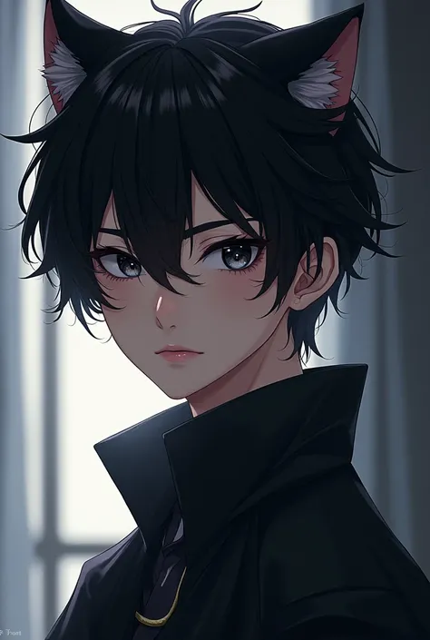 Anime cat boy black hair and black eyes 