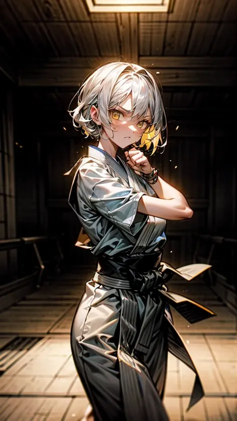 1 girl, jiu-jitsu fighter. short white hair, yellow eyes, shiny silver jiu-jitsu kimono, with a black belt around the waist, confident pose, clenched fist, standing in a martial arts dojo, looking determined, indoor environment with traditional decoration,...