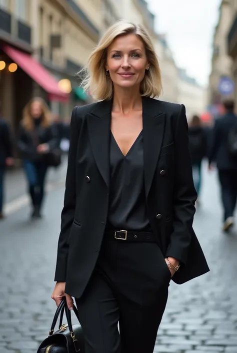 beautiful blonde woman in suit,with a soft, subtle smile even at 50 years old and with gray hair,light brown eyes,striking look walking with a black bag on the streets of paris 