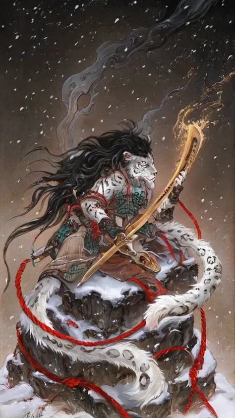 ShanHaiJing, score_9, score_8, score_7, best quality, highres, Advanced Illustration, monster_shenshu riding on a white tiger,1boy,holding gold sword,sitting on a snow leopard, black hair, long hair, male focus, weapon, beads, jewelry, very long hair, anim...