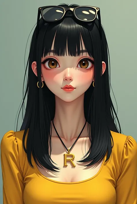 Selfie of a girl with straight black hair wearing a sunglasses above her head and wearing a necklace with Letter R pendant. Smiling without showing her teeth and wearing a long sleeve as cover or her yellow one piece top. AI girl or painting style not a re...