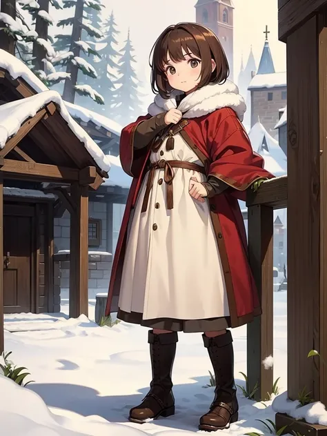 child, short brown hair, winter clothes, set in medieval times.