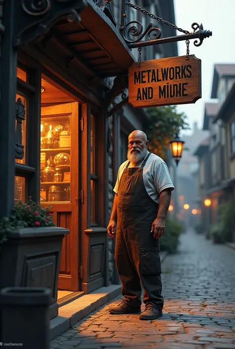 A metalworks and its owner in front of the shop, with a sign that says blacksmithing and related 