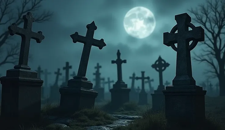 A cemetery with crosses leaning their tombstones at night 