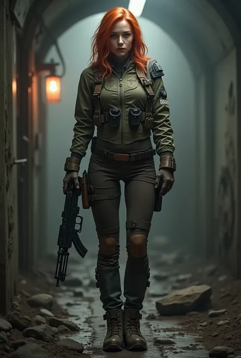 Karen Gillian in Metro 2033, redhead, full_body, front_view, full_view, thick_thighs, leggings, holding assault rifle 