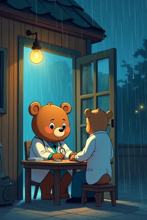 Charector;A cartoon bear bholu character, with a large round face large eyes, expression simple,The person wearing a doctors uniform and checking the pulse around his neck .
Action,,It is night and it is raining very heavily. Doctor Bholu is sitting inside...