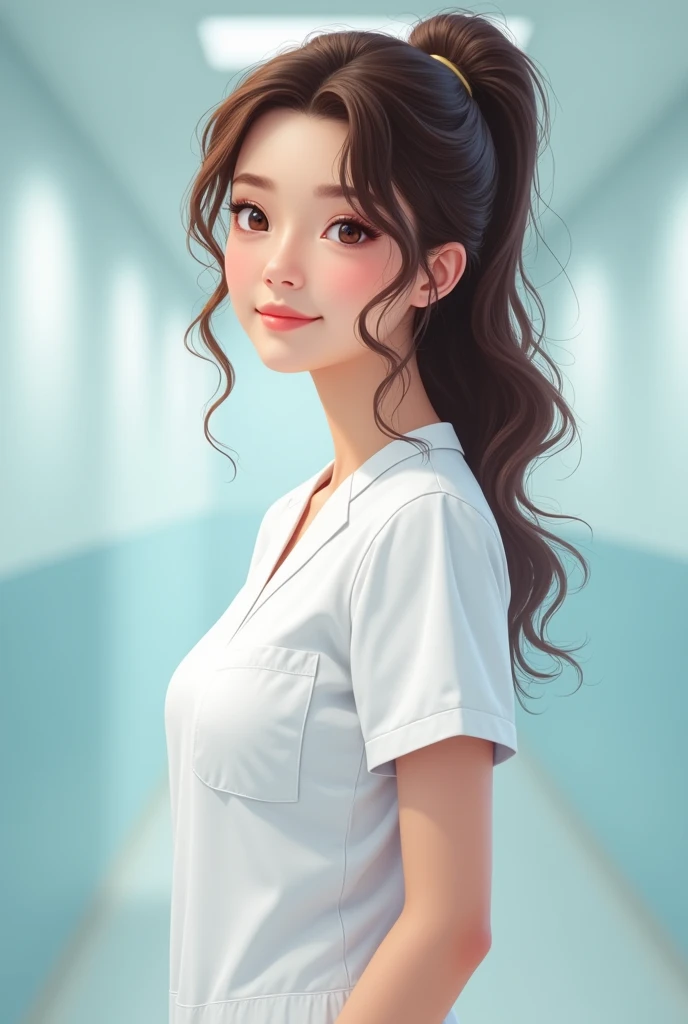 Draw a tall nurse with curly hair. And white scrubs. With monolids 