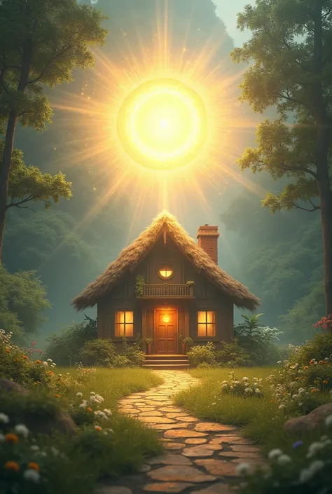 
visual representation of a home surrounded by a protective shield of light after the sprinkling ritual, representing the spread of positive energy.