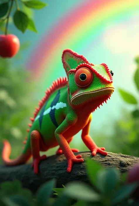 
**Image 4: Leo the Chameleon Changing Colors**
A funny scene where Leo is changing color quickly. One side of him is green like the leaves, the other is red like an apple, And theres a rainbow in the sky.

