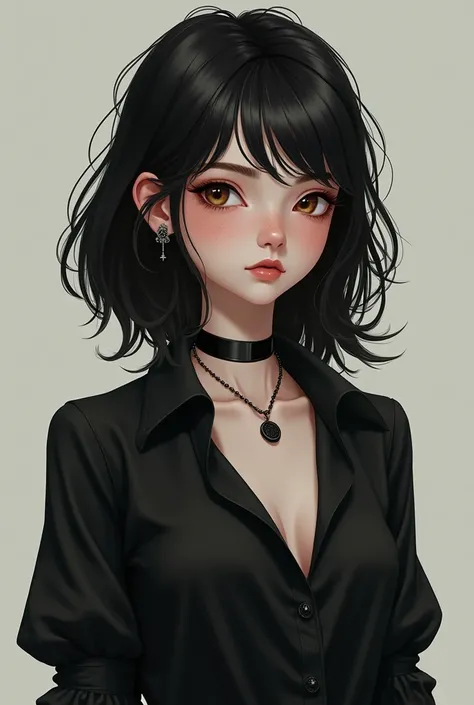  with shoulder length black hair (has no fringe), the skin is very white, with freckles on her cheeks and light brown eyes, wears a black blouse and black bell-bottom pants, half gothic style (Disney Pixar Animation Style) put the name Gab