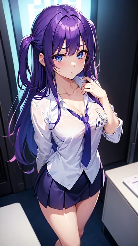 1girl、purple hair、blue eyes、closed mouth、bangs、two side up、long hair、white shirt、v-neck shirt、light blue tie、no bra、cleavage、bus...