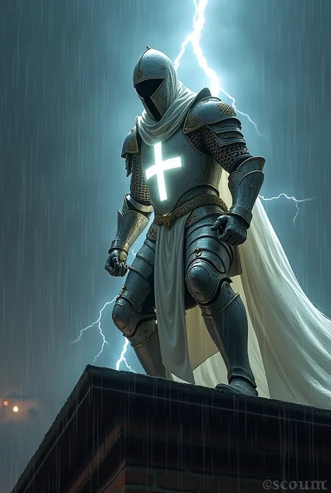 Depict Father Solomon in a powerful crouching pose on a church rooftop at night, with heavy rain pouring down around him. His suit is a striking combination of white knight armor and flowing Catholic robes, with intricate gold accents and holy symbols subt...