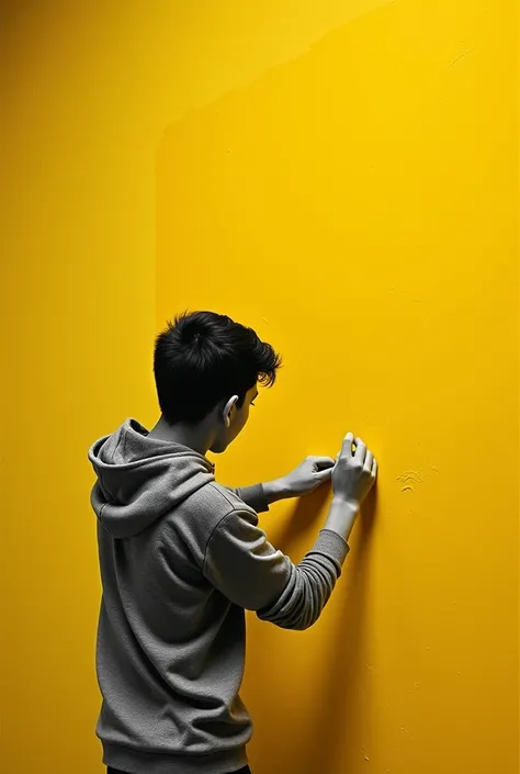 Black and white photo showing a teenager painting a wall yellow