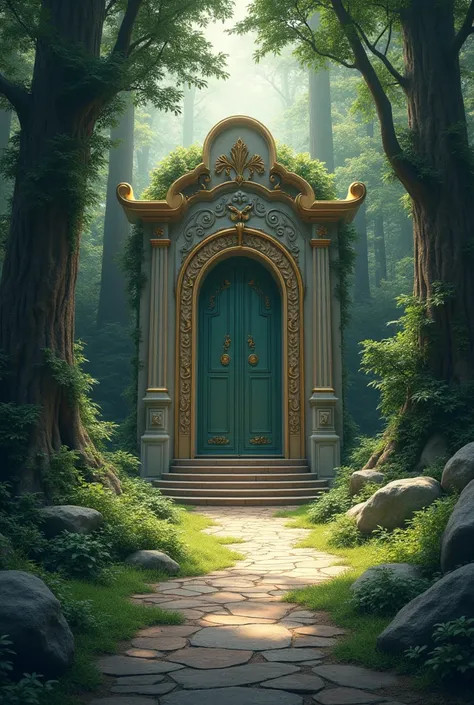 A forest cover with neutral colors, And in the middle of the forest there is a stone path and at the end of it there is an elegant door with golden touches. 
