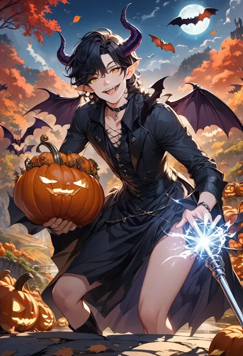 Best Quality, masterpiece, Light shining in a beautiful wild and natural fantasy landscape１boy,Pumpkin Carriage、Bats、Autumn leaves fluttering in the air、１７Demon King about age、Black gothic outfit、accessories、Depicting from thighs to head、Choker、ドクロのaccesso...