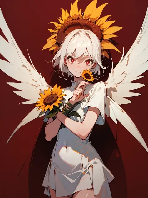 (masterpiece, best quality:1.6), solo, thick outline, (simple background, dark red background, monochrome, dark red theme:1.2), official art, key visual, 8k, absurdres, half body, (unique hair, white dress, sunflower, short torso:1.2), navel, thighs, cowbo...