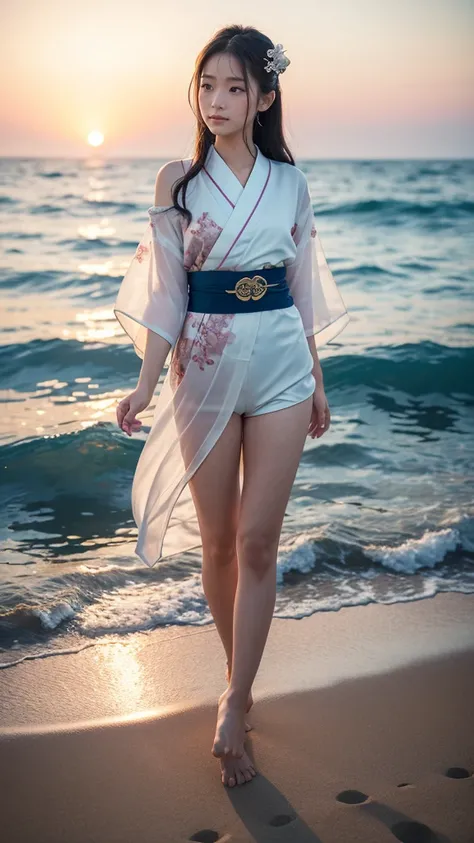 発）Describe in detail the ultimate short pants version that retains the significant external features of Benzaiten. She is a beautiful girl embodying the sacred and elegant appearance of Benzaiten, with long, flowing black hair that cascades over her should...