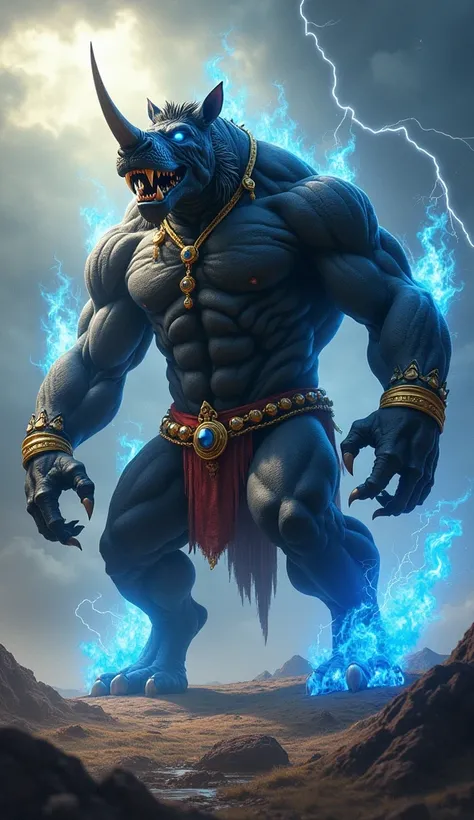 Muscular creature, Hybrid of a rhinoceros with a black puma, sunlight, rhinoceros horn, long puma fangs and claws, background with lots of lightning in the sky, nervous, realistic, attacking pose, golden accessories on the body, blue flame effect around th...