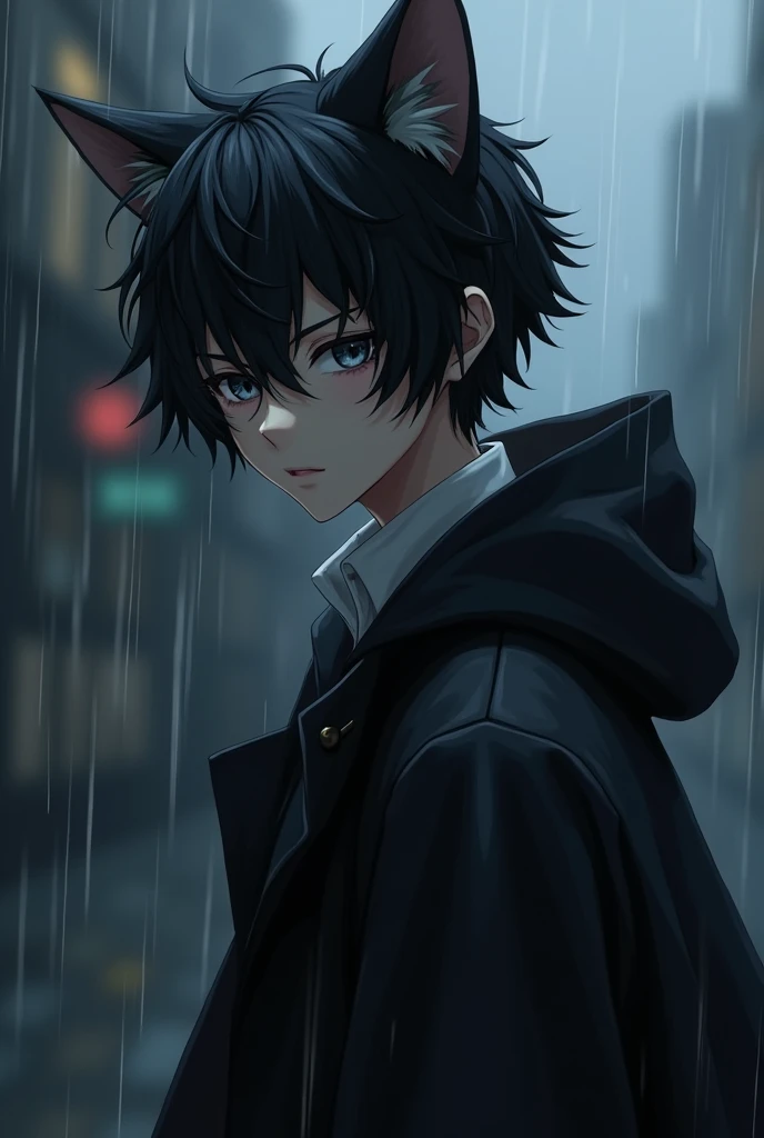 Anime cat boy black hair and black eyes and white skin and raining black coat and white shirt 