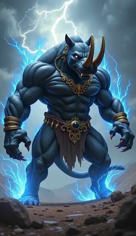 Muscular creature, Hybrid of a rhinoceros with a black puma, sunlight, rhinoceros horn, long puma fangs and claws, background with lots of lightning in the sky, nervous, realistic, attacking pose, golden accessories on the body, blue flame effect around th...