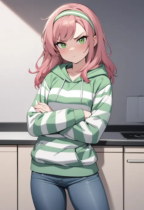 (masterpiece, best quality:1.2), cowboy shot, solo, 1girl, vivian james, unamused, looking at viewer, crossed arms, hairband, four-leaf clover, striped, hoodie, hood down, jeans