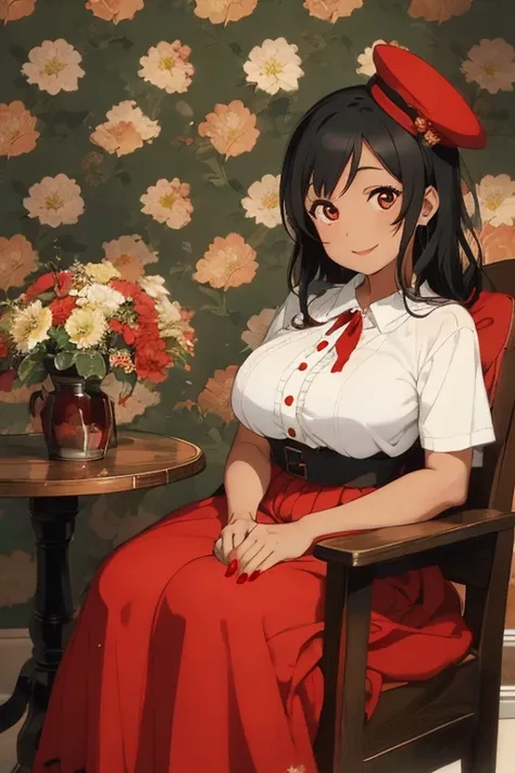 1 female, tan skin, brown skin, huge breast, black 50s long hair, red long vintage dress, 50s dress, red 50s hat, red nails, red shoe, 50s place wallpaper, smile, sitting down, in the 50s chair, flowers, sexy lip, red lip
