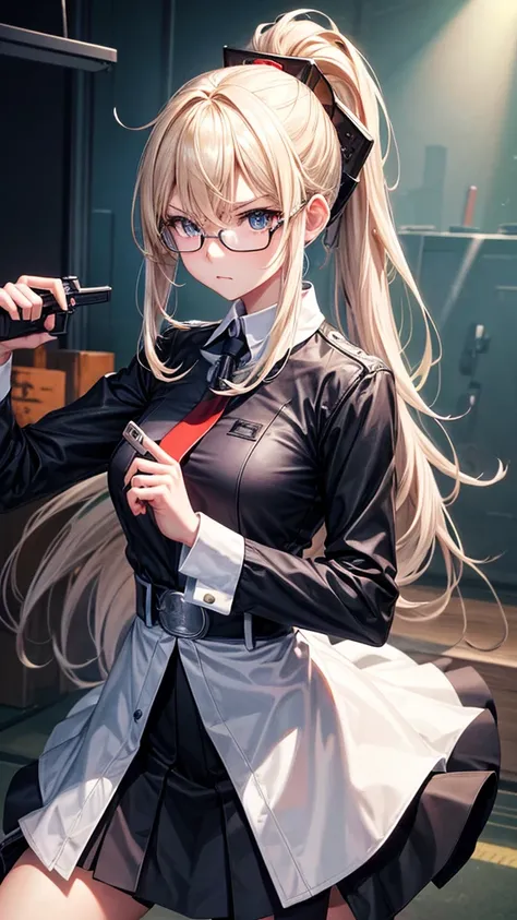 Slender blonde girl with a ponytail、Please draw a person wearing rectangular under-rim glasses.。She holds a gun with both hands at the shooting range.、The robot is posing as if it is aiming at us.。Hold the grip with your right hand and put your finger on t...