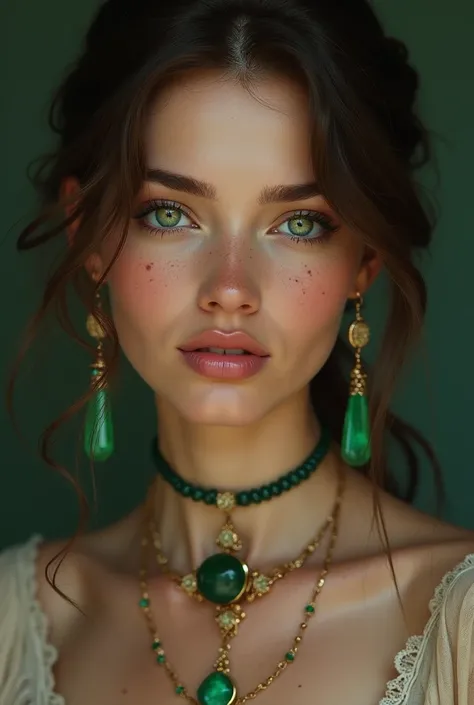 Create the most beautiful woman you can make with the most realistic details you can that has green eyes and has moles, with an emerald necklace 