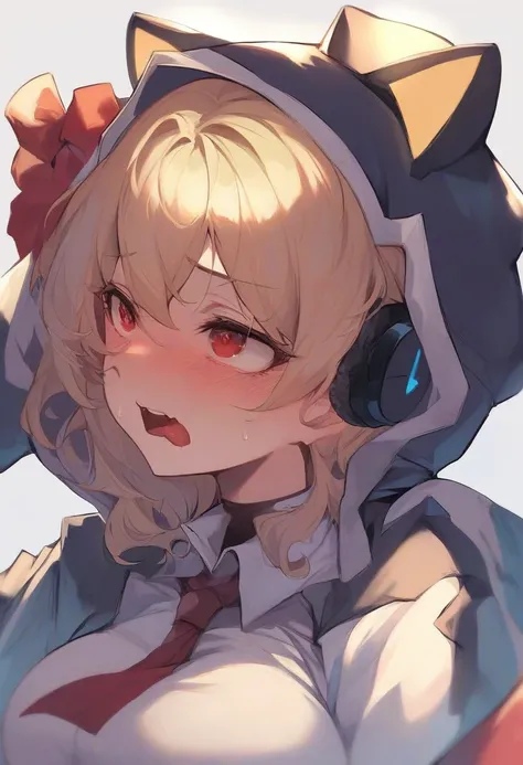 1girl, highly detailed anime character, anatomically correct, (best quality, 4k, 8k, highres, masterpiece:1.2), long wavy blonde hair, large breasts, cat ear headphones, blush, open mouth, red eyes, tongue out, embarrassed expression, side profile, animal ...