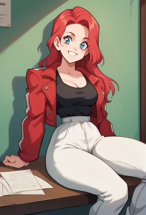 1 , Alone, long hair, red hair,high resolution, masterpiece, Anatomically correct, Necessary, high details, blue eyes,tight blouse , Black tank top,Closed jacket,Sitting at a table, with her hand on her face,Red jacket, , white pants,thick thighs ,Smiling,