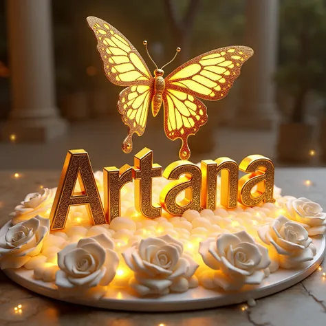 Stunning and luxurious 3D rendering illustration with name "ARTANA" in bold, ornate, and majestic yellow letters. The letters are accented by a multitude of gemstones and sparkling designs., exuding an air of elegance. Suspended above the name, a big golde...