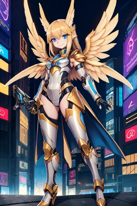 a highly detailed and ultra-detailed 1 girl in a cyberpunk city, with golden mechanical wings, bright blue eyes, golden armor, a...